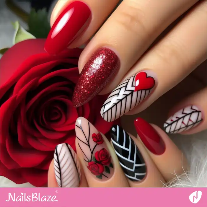 Glossy Nails with a Heart and Roses and Herringbone Pattern | Valentine Nails - NB2793
